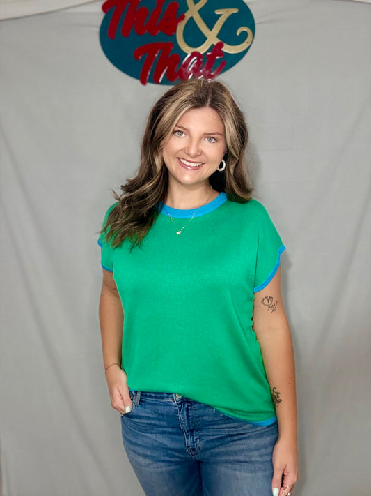 Green Contrast Trim Round Neck Top