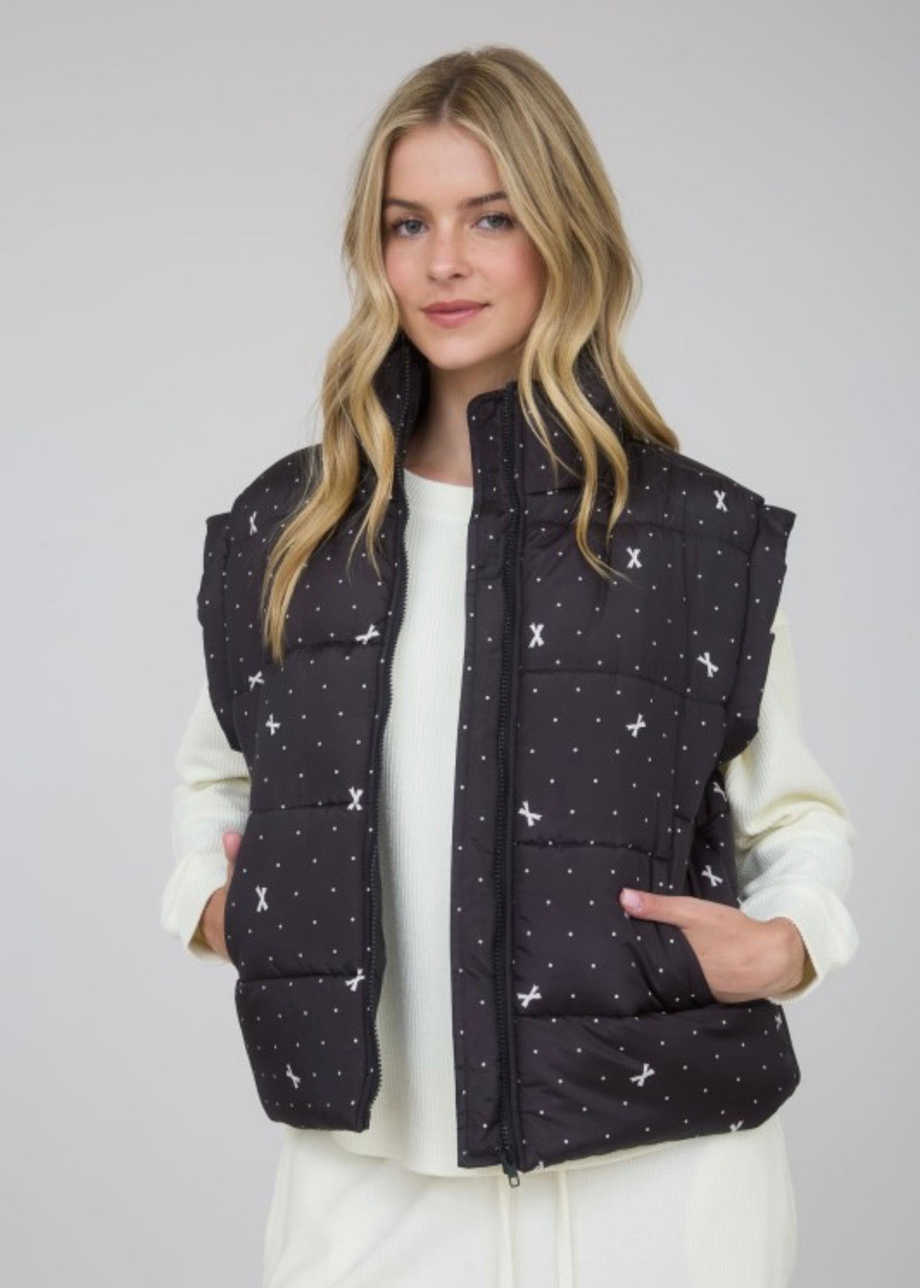 Black Polka Dot & Bow Puffer Vest