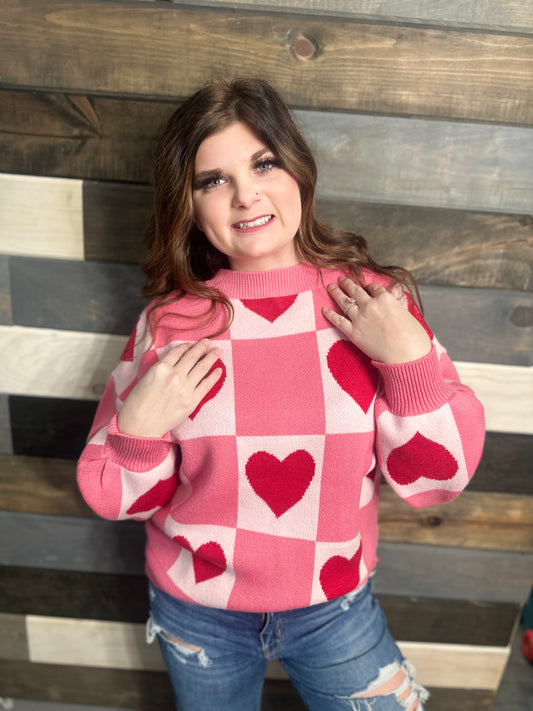 pink heart checkered sweater