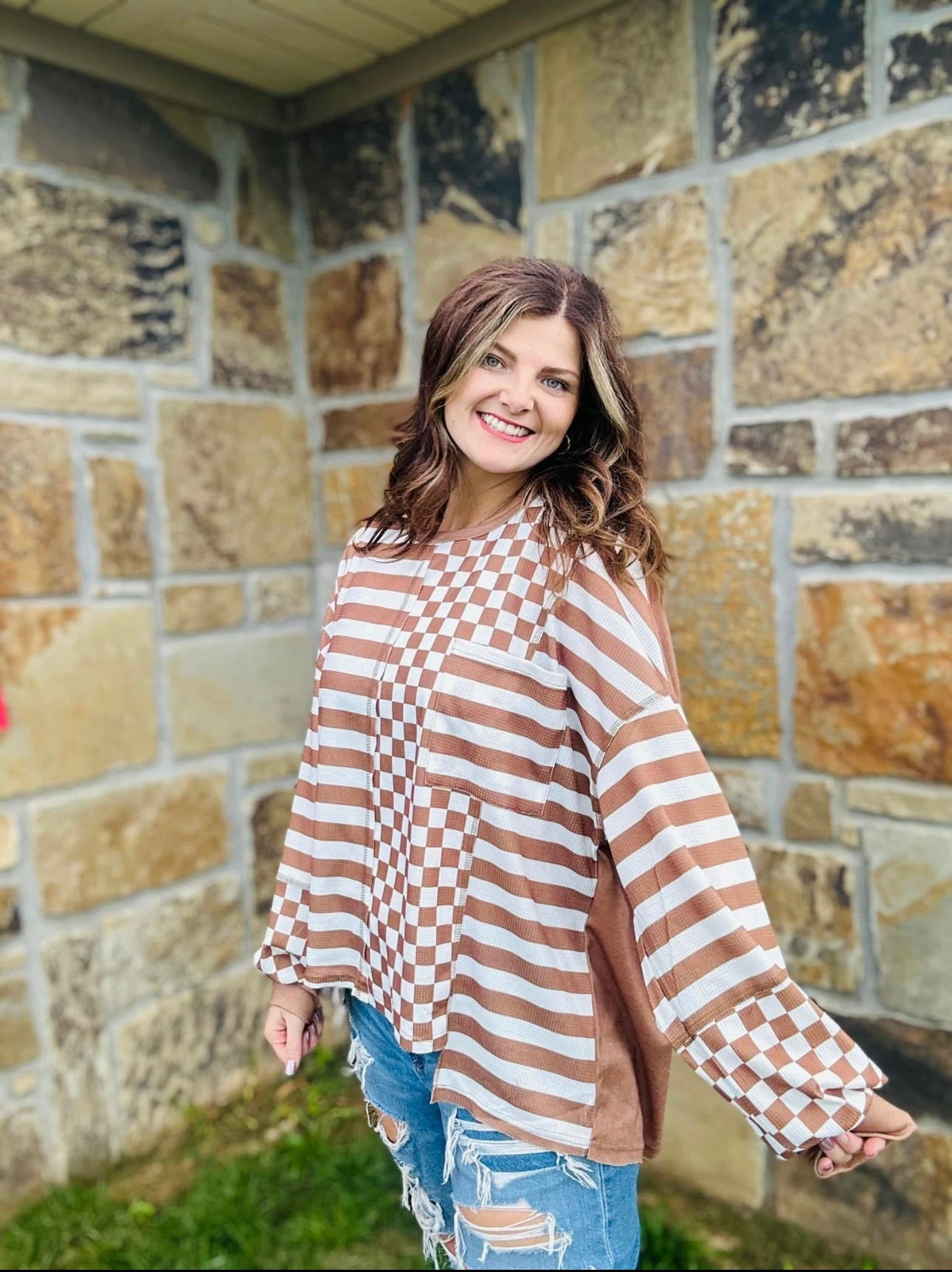 Khaki striped checkered long sleeve