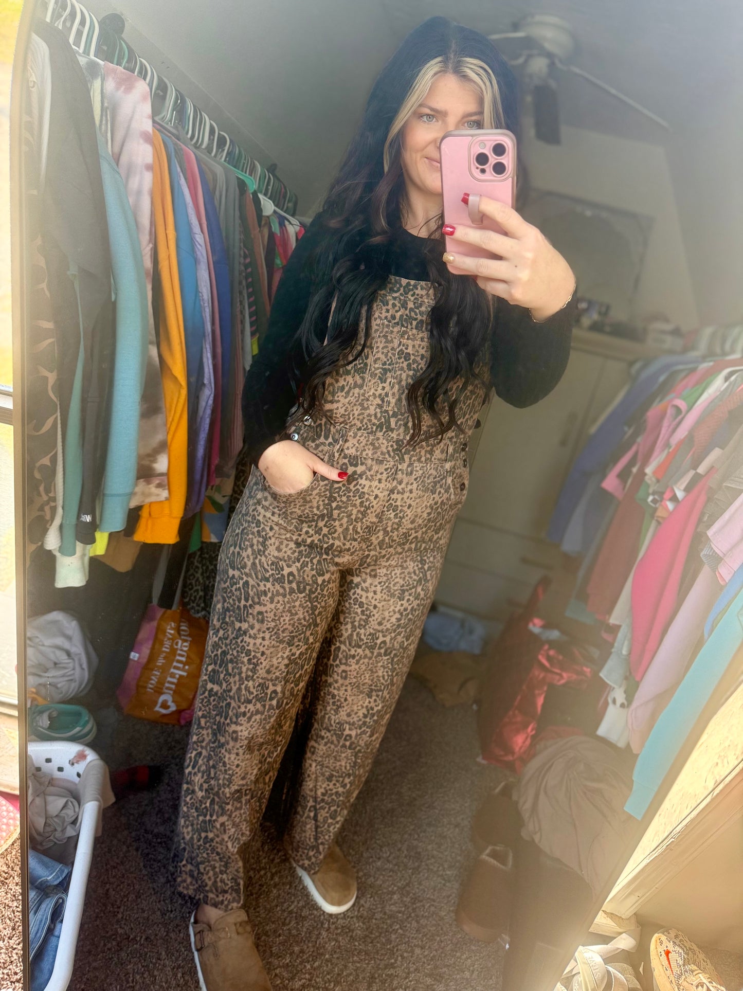 Leopard/Denim Barrel Leg Overalls