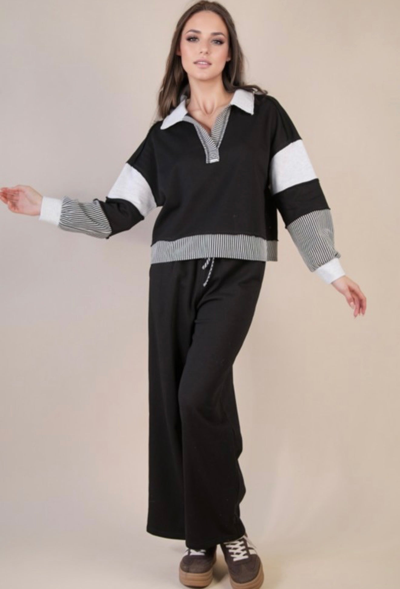 Black Color Block Top/Pants Set