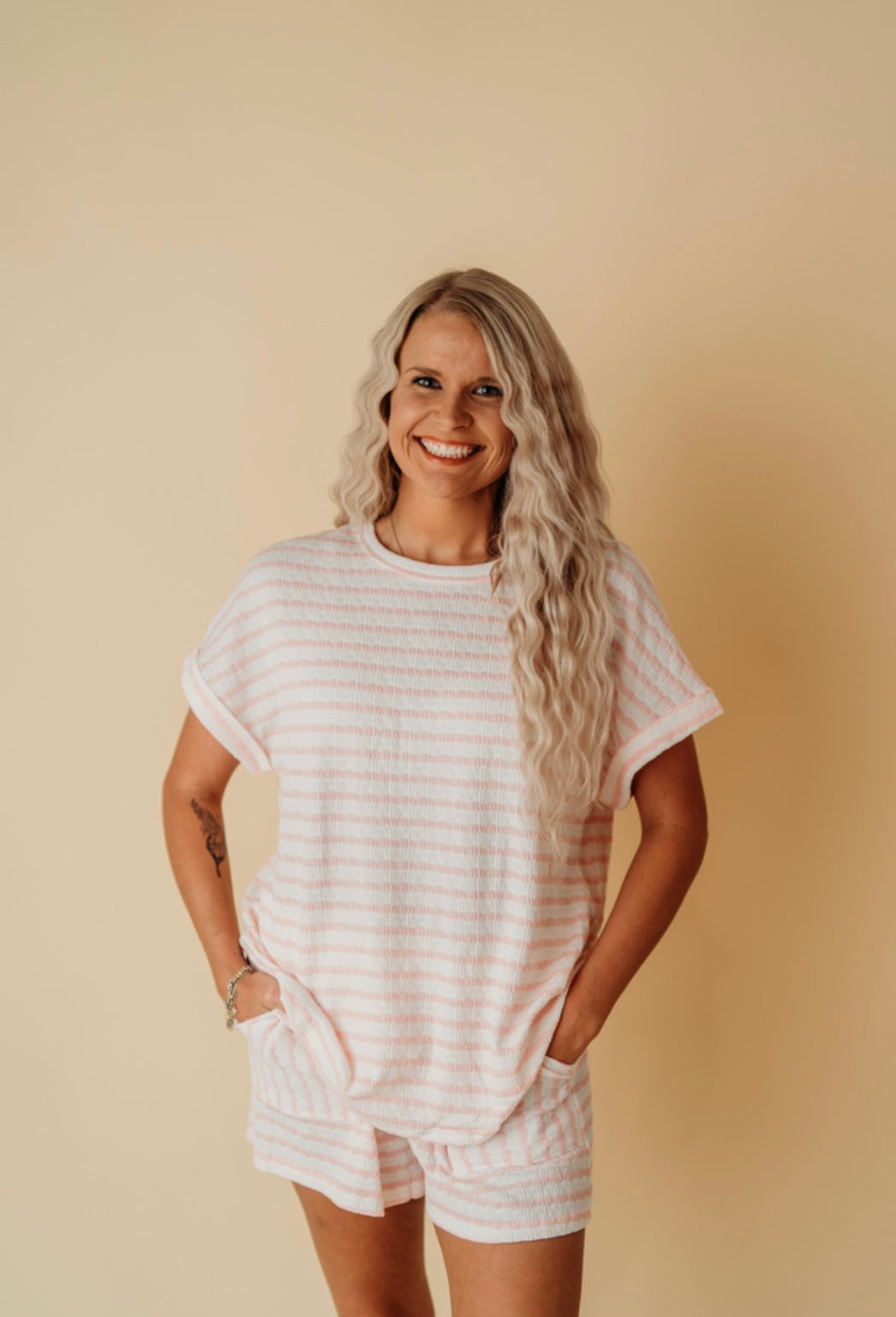 Pink Stripe Knitted Top/Short Set