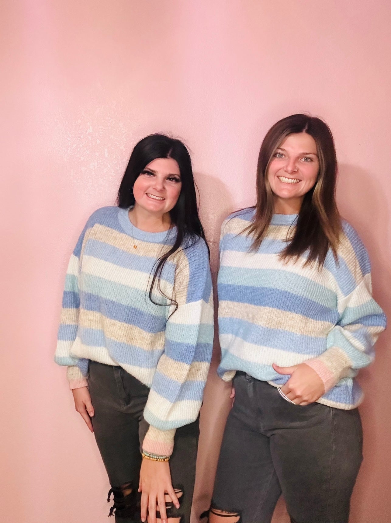 Blue puff sleeve striped sweater