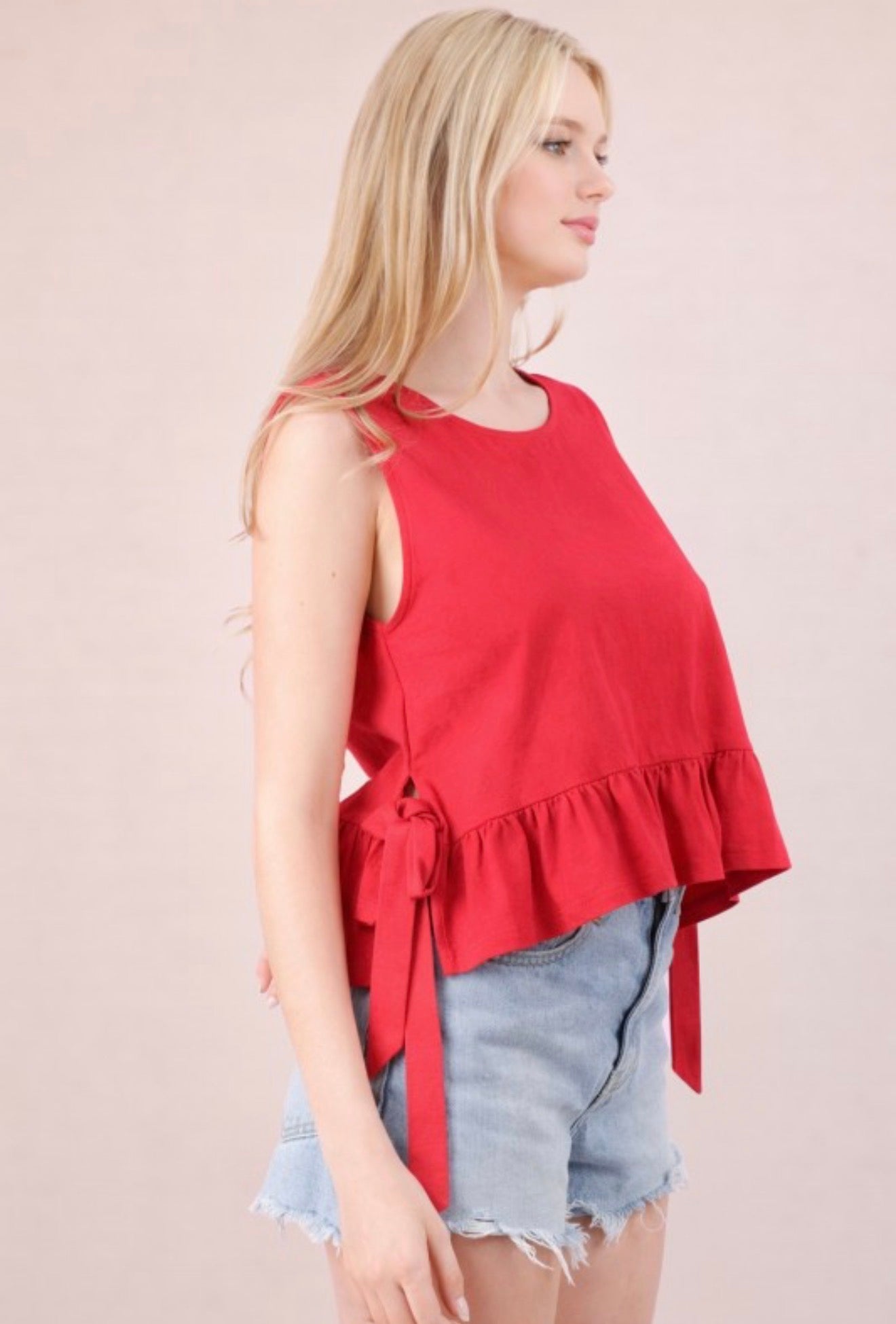 Red Side Tie Ruffled Top