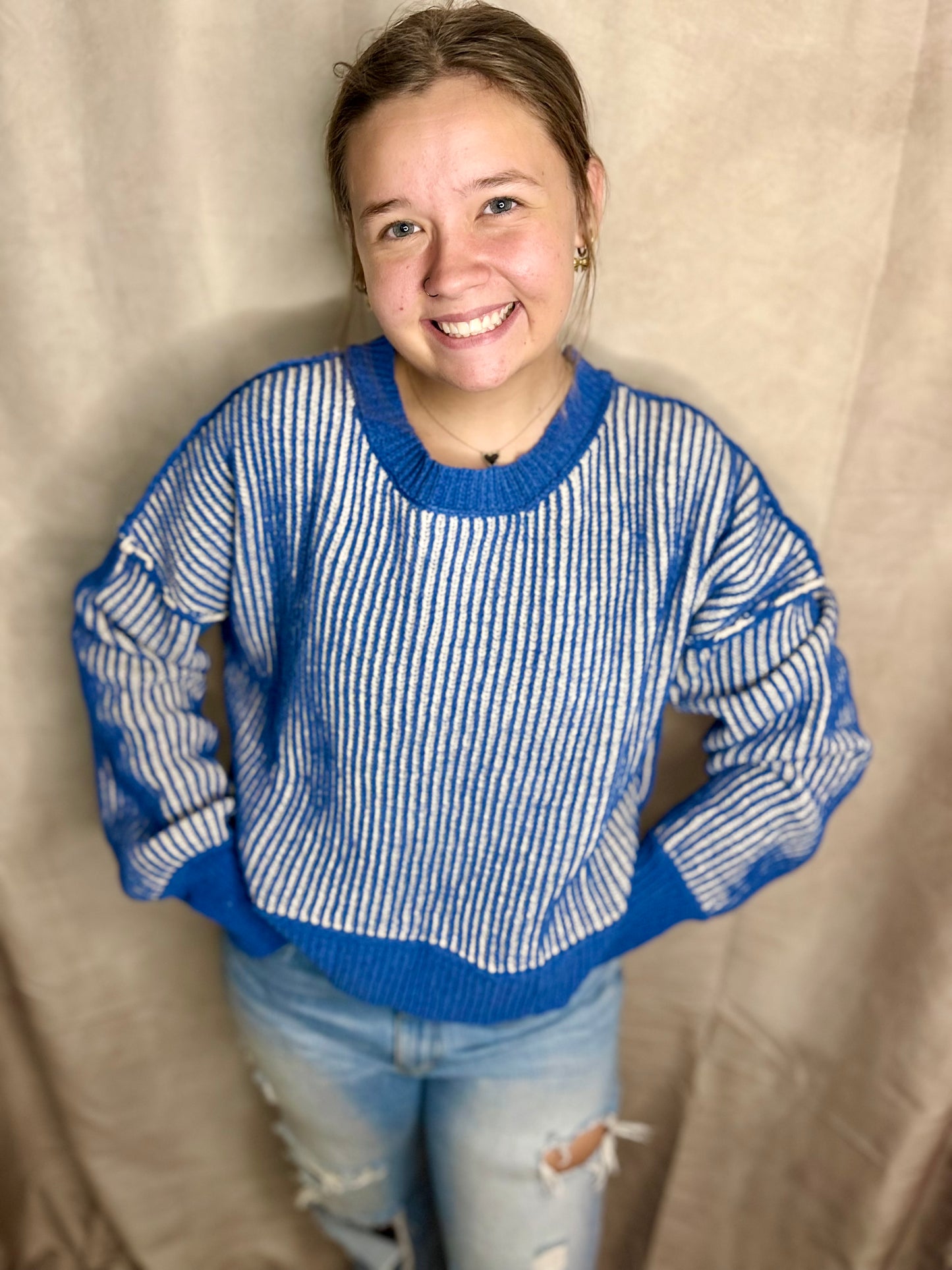 Royal Blue Two Tone Striped Sweater