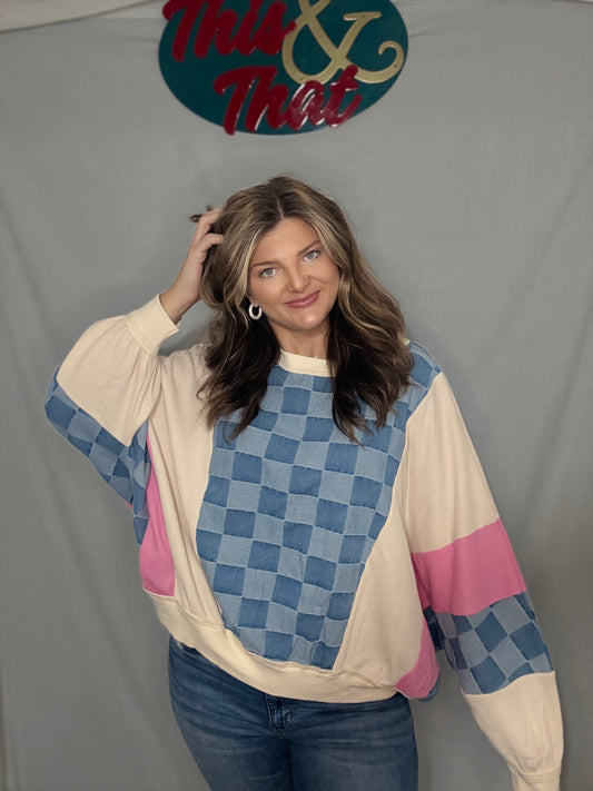 Sky Blue Oversized Checkered Denim Top