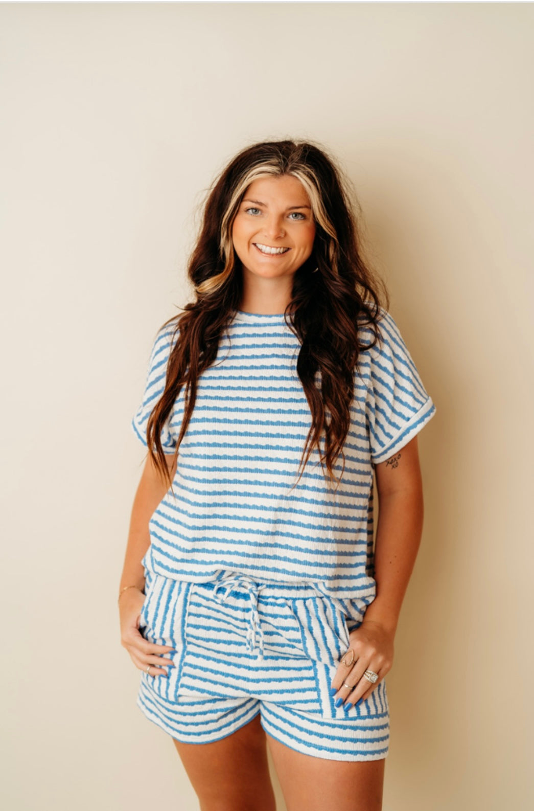 Sky Blue Stripe knitted top & short set