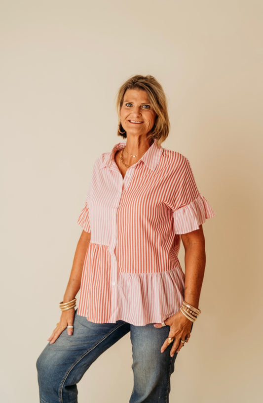 Pink Stripe Ruffled Hem Button Up Top