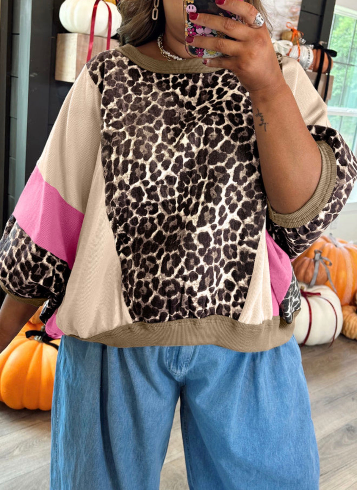 Brown Leopard Colorblock Top