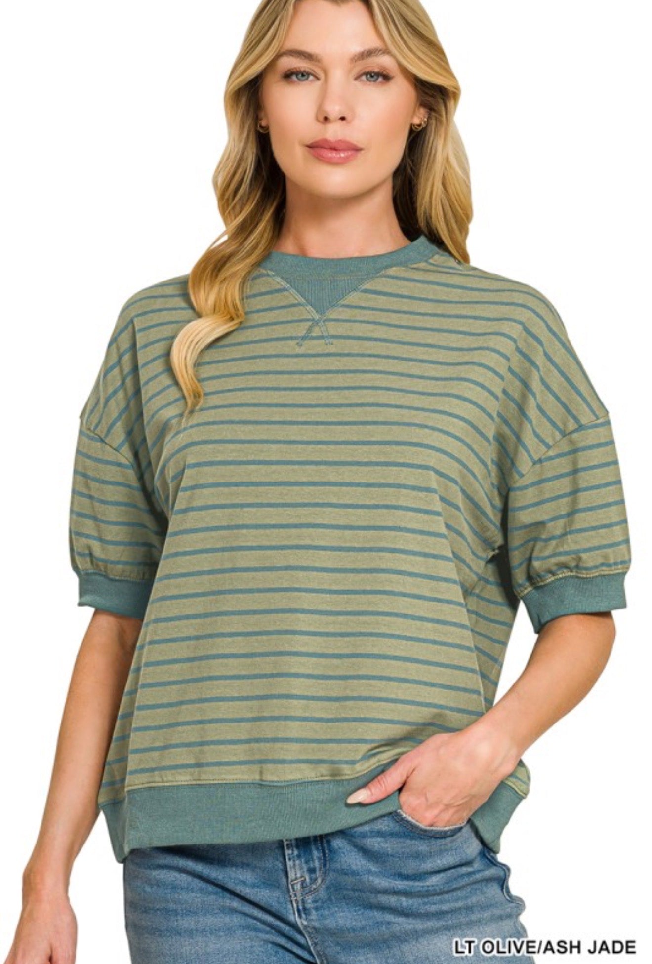 Light Olive/Ash Jade Striped Banded Pullover