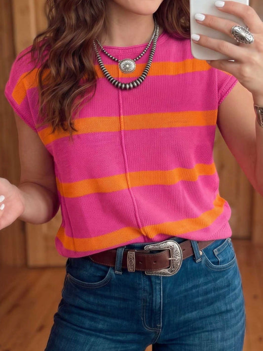 Pink Orange Stripe Short Sleeve Sweater