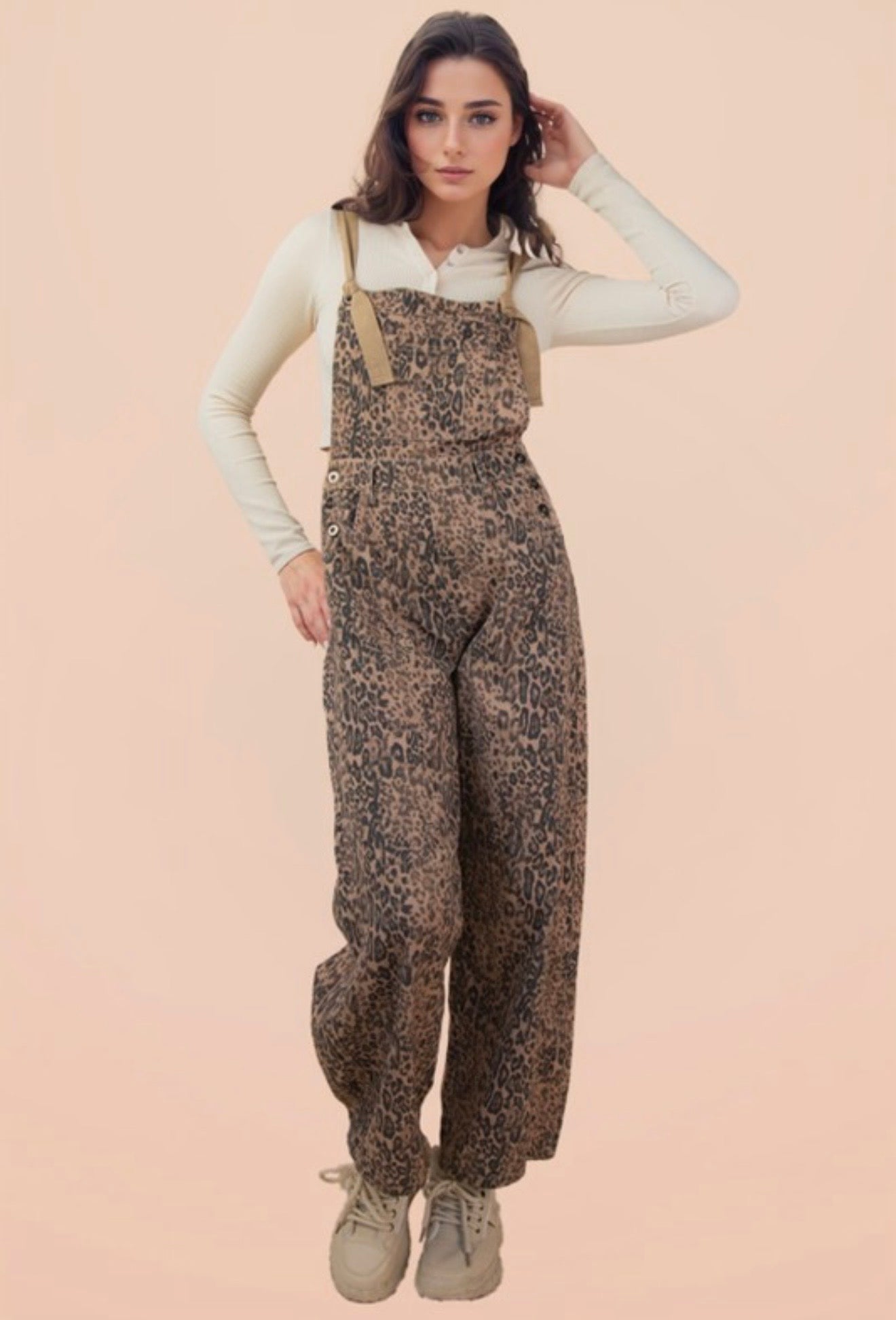 Leopard/Denim Barrel Leg Overalls