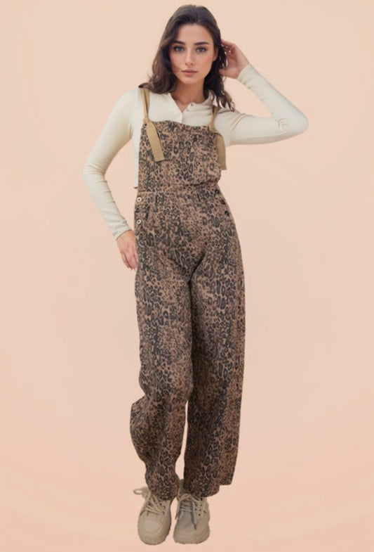 Leopard/Denim Barrel Leg Overalls