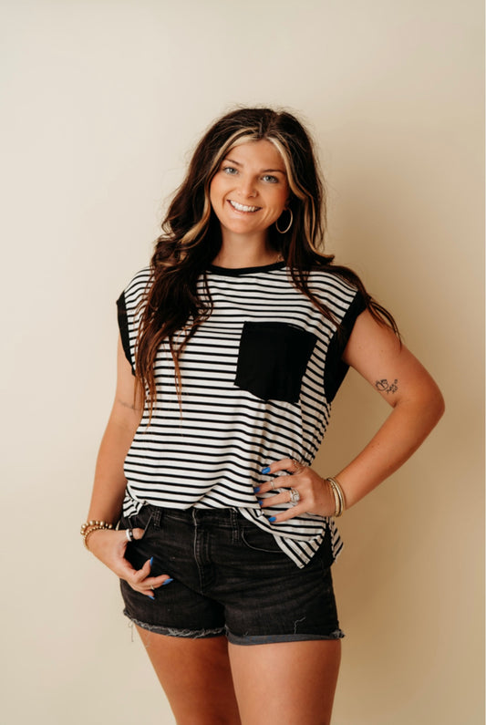 Black stripe chest pocket top