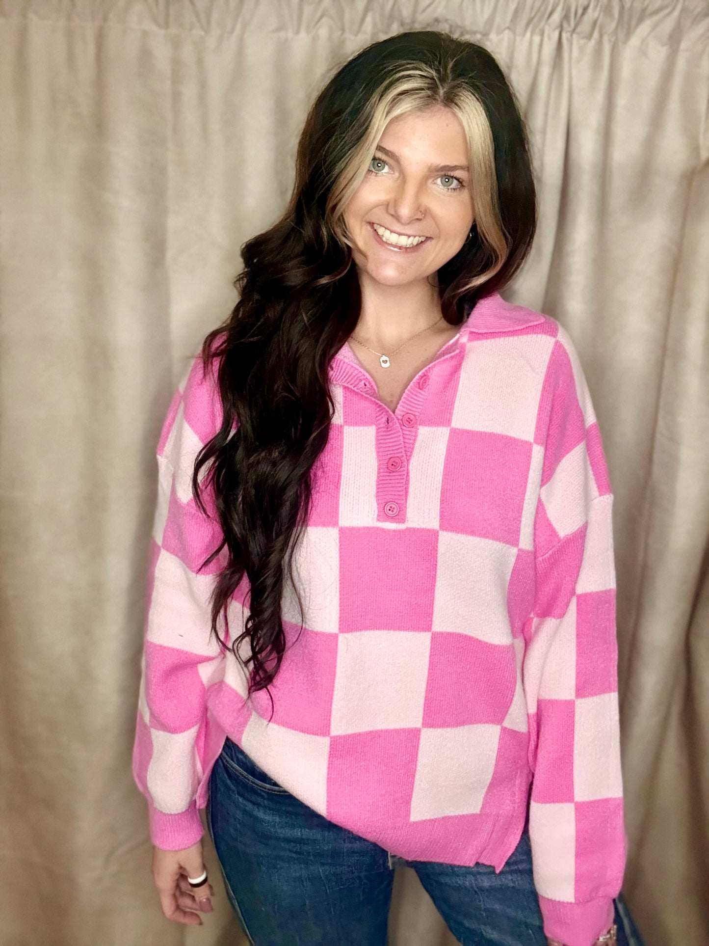 Pink Checkered Half Buttoned Sweater