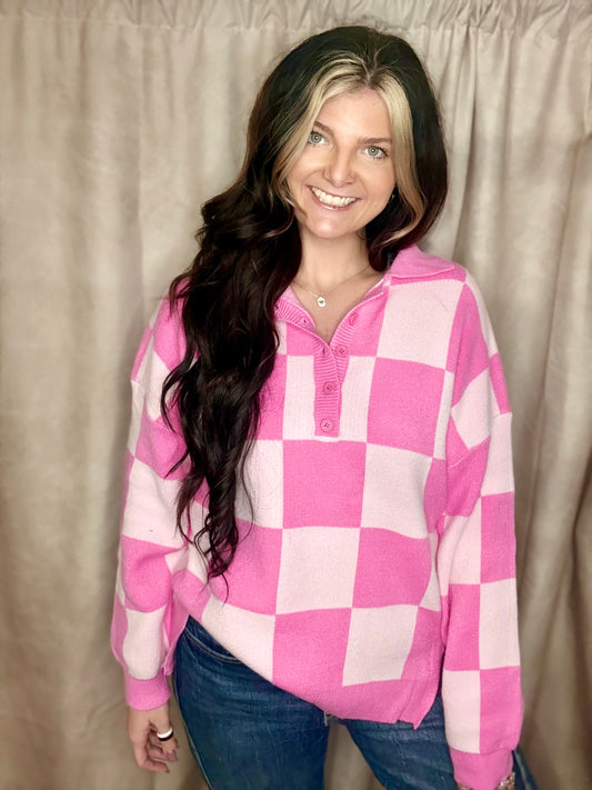Pink Checkered Half Buttoned Sweater