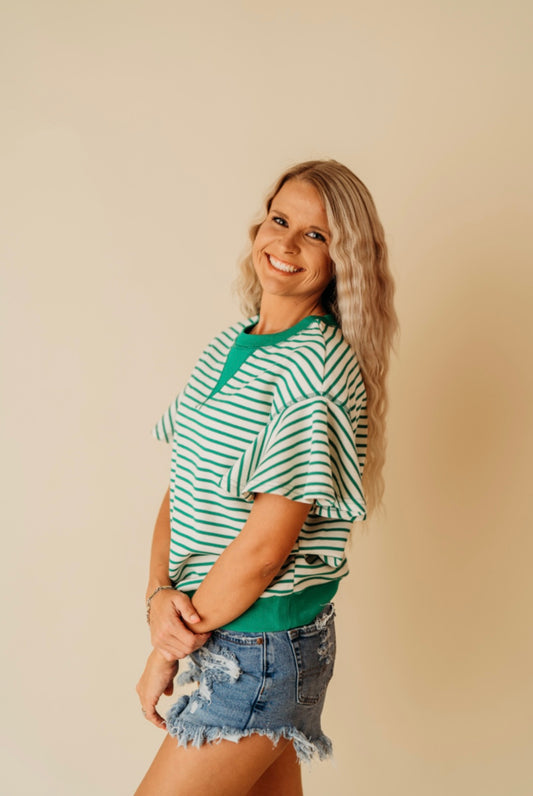 Bright Green Striped Ruffle Sleep Top