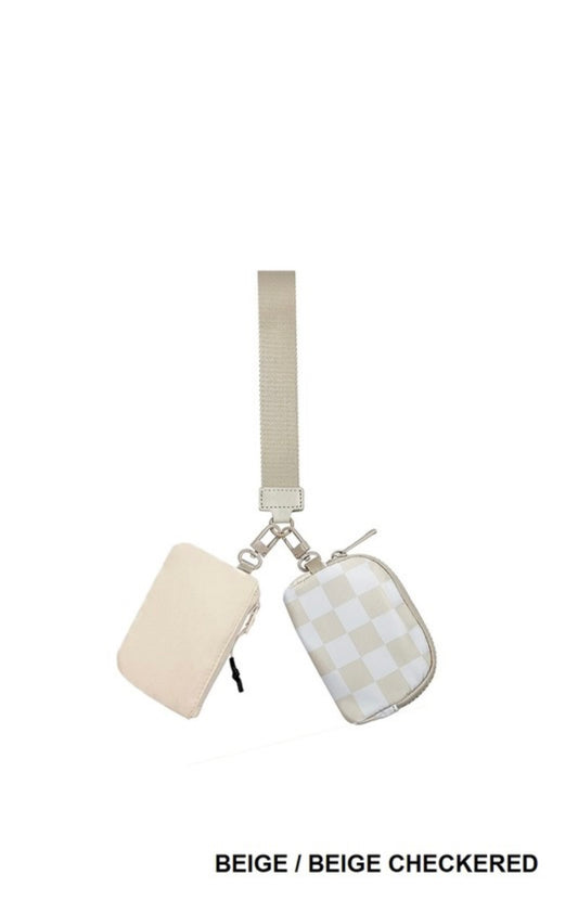 Beige/Checkered wristlet keychain wallet