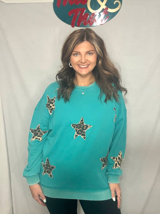 Plus Washed Teal leopard star patch top