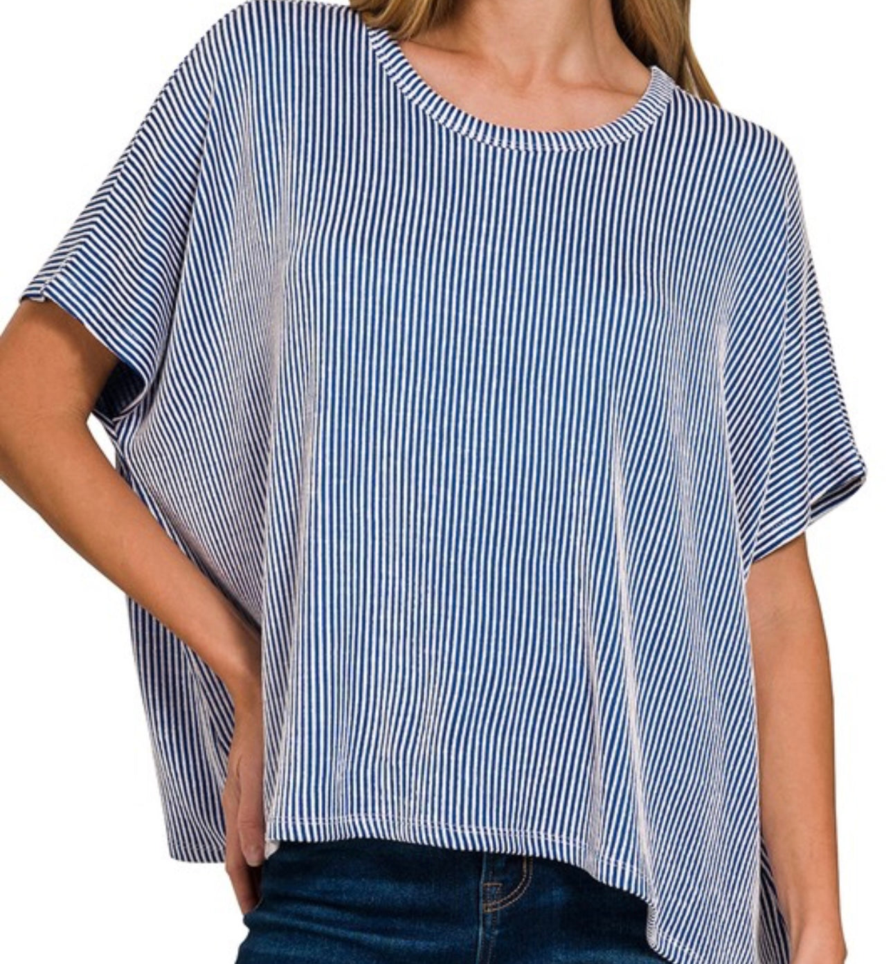 Bright Blue ribbed striped oversized top