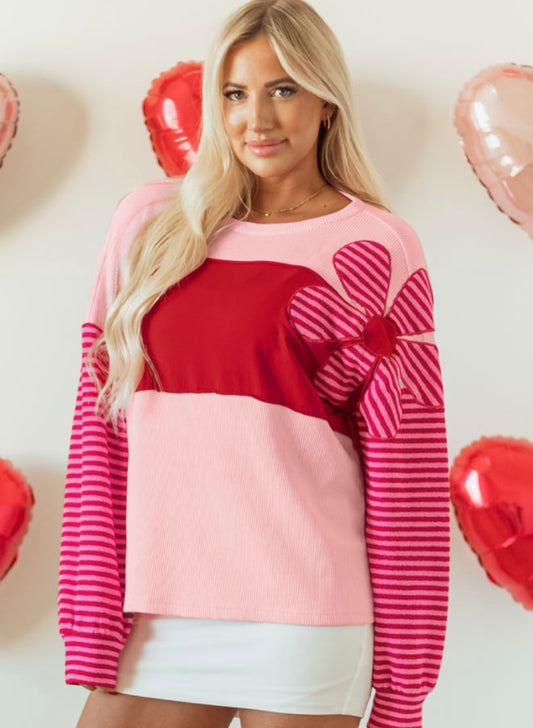 Pink Floral Patch Stripe top