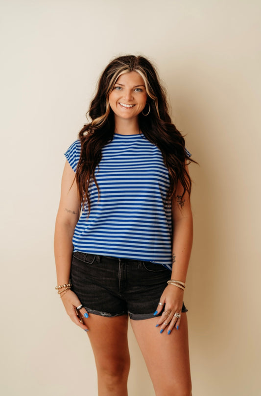Blue Stripe Cap Sleeve Top