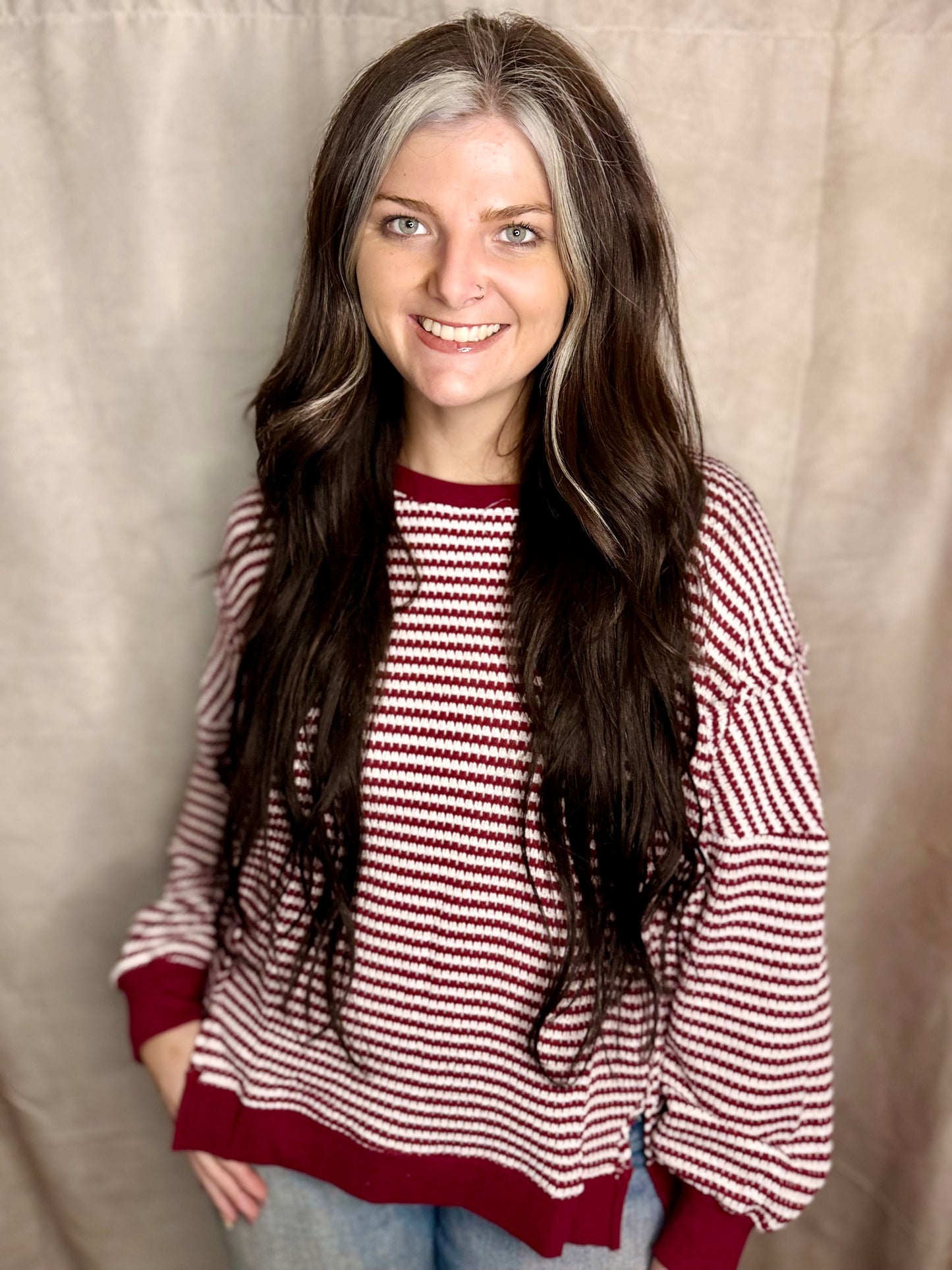 Red Stripe Ribbed Trim Top