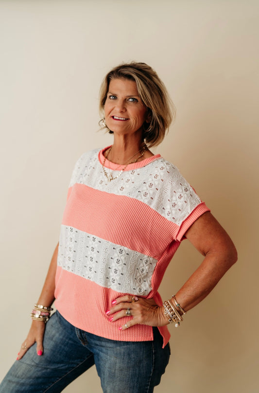 Coral Ribbed Lace top