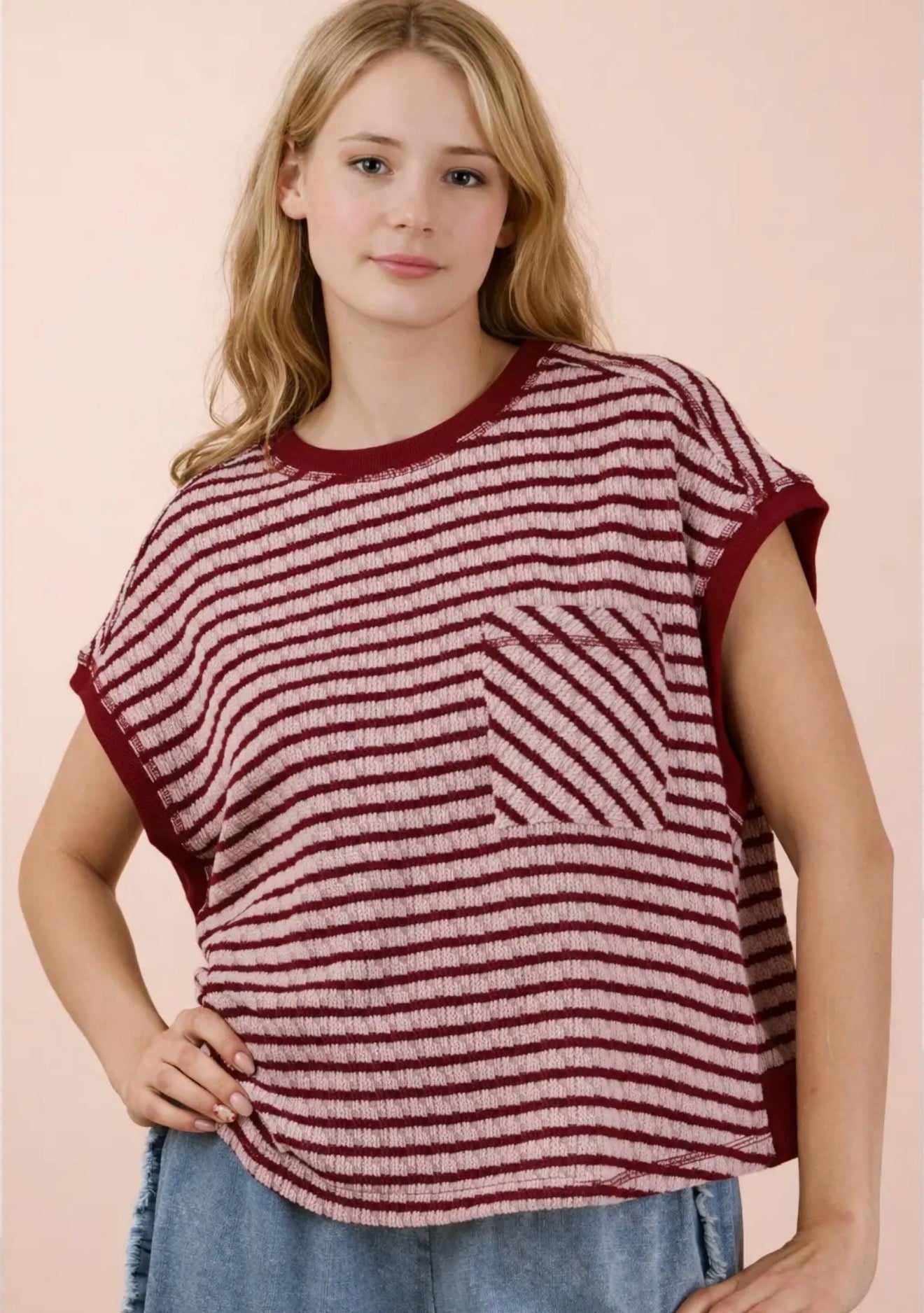 Burgundy Open Back Striped Knit Top