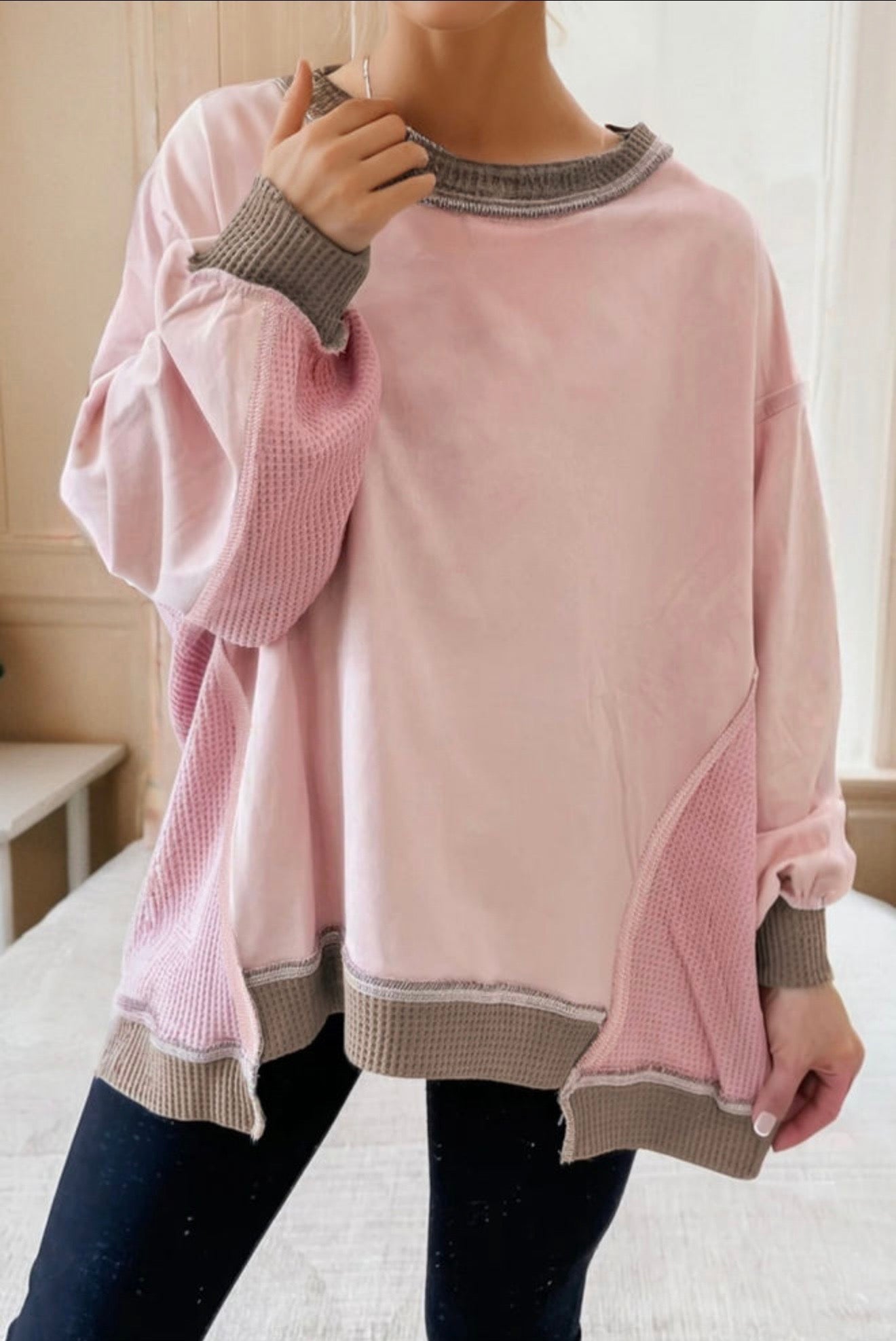 Light Pink Colorblock Waffle Patchwork Oversized Sweatshirt