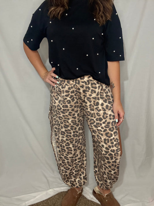 Soft leopard open leg slit pants