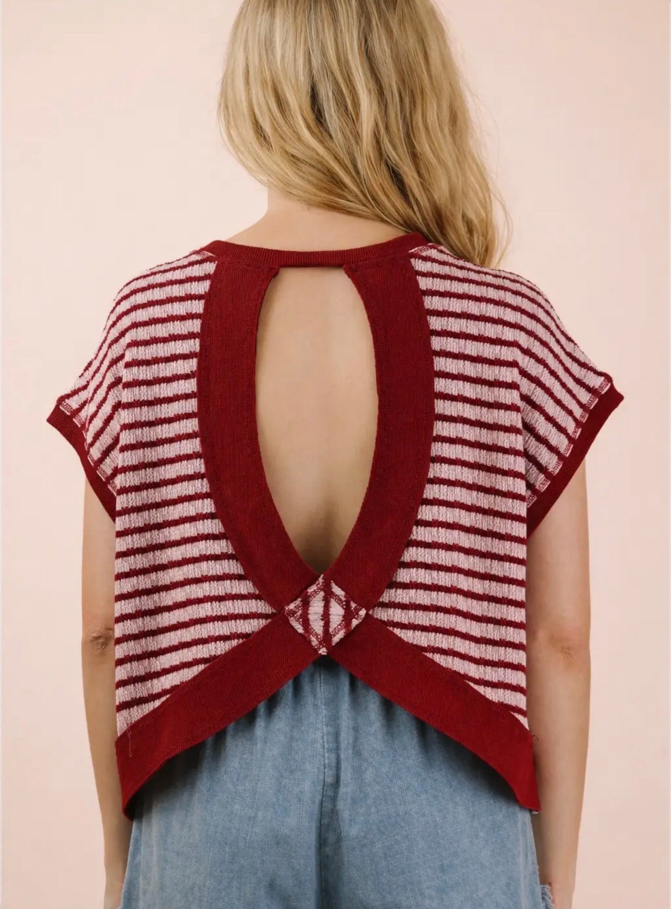 Burgundy Open Back Striped Knit Top