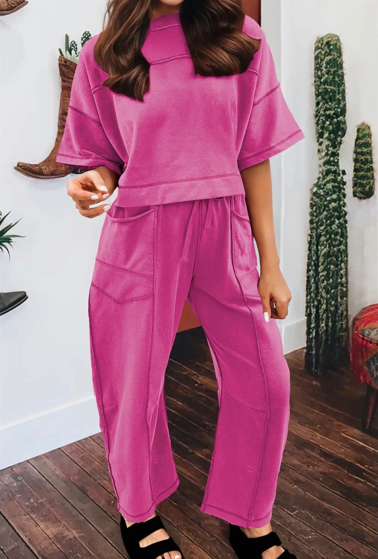 Rose Red Boxy Top/Barrel Pants Set