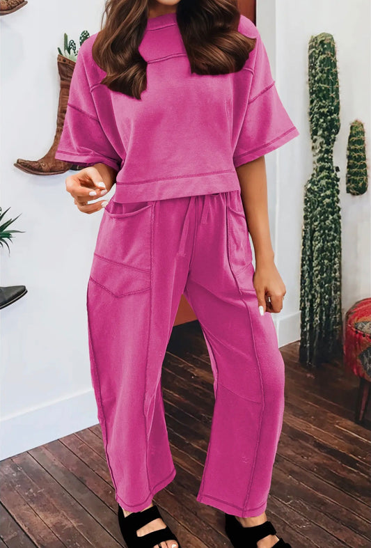 Rose Red Boxy Top/Barrel Pants Set