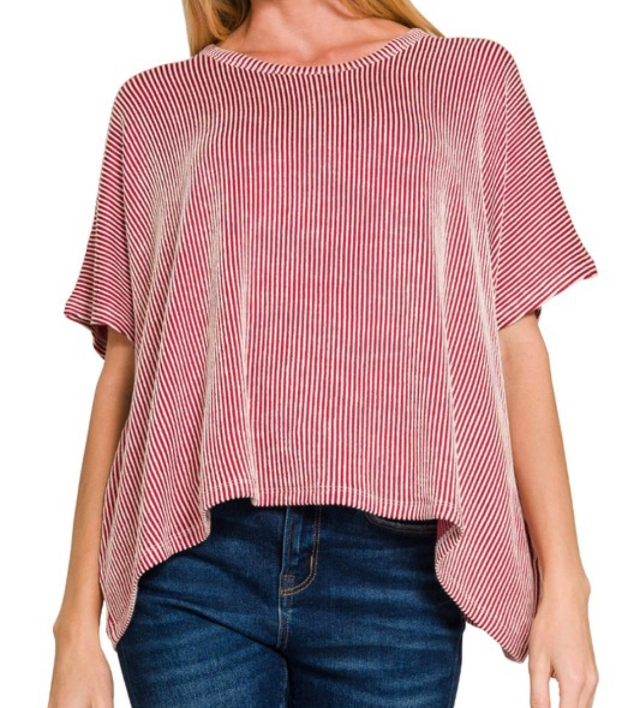 Dk red ribbed striped oversized top