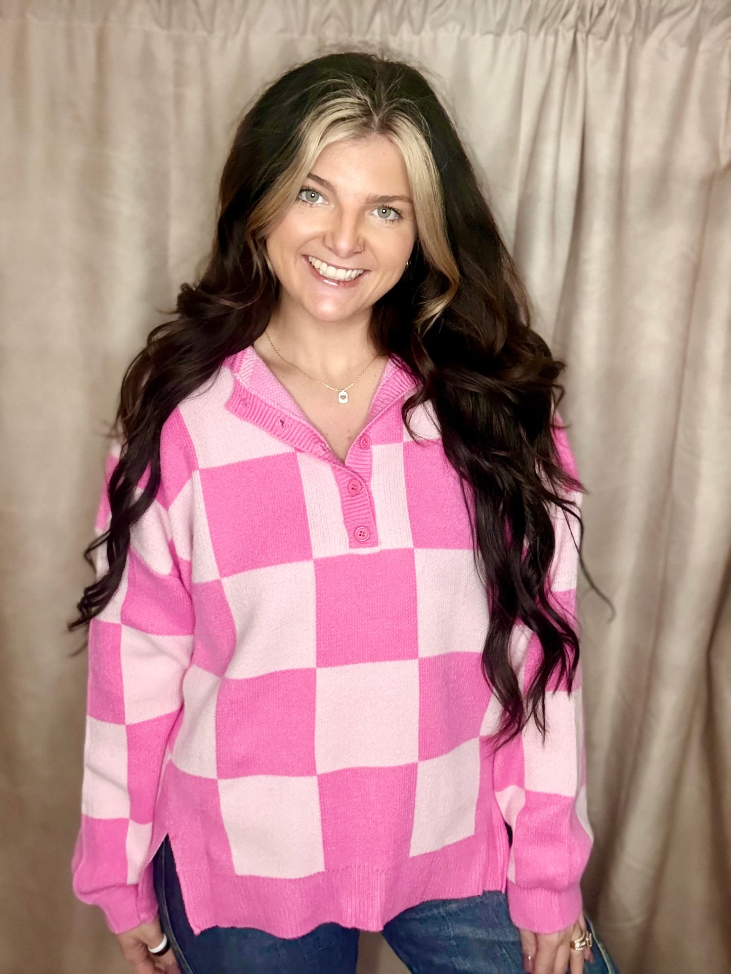 Pink Checkered Half Buttoned Sweater