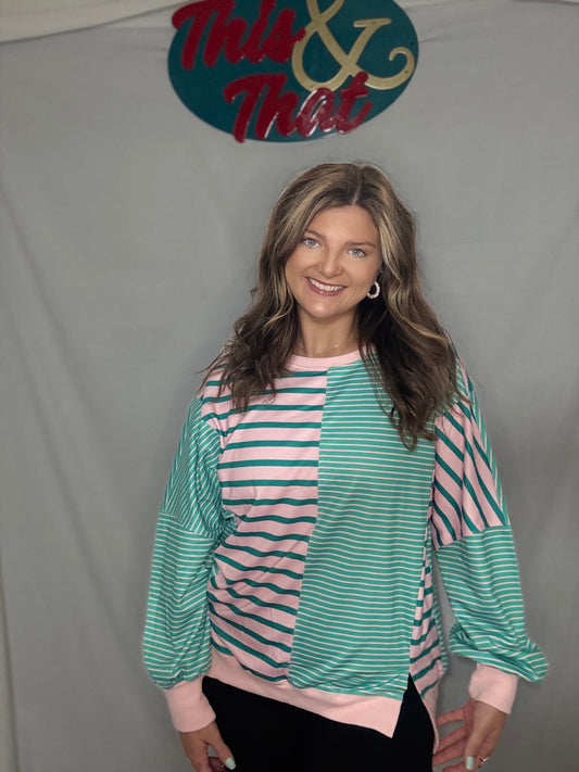 Green/Pink Stripe Colorblock Long Sleeve