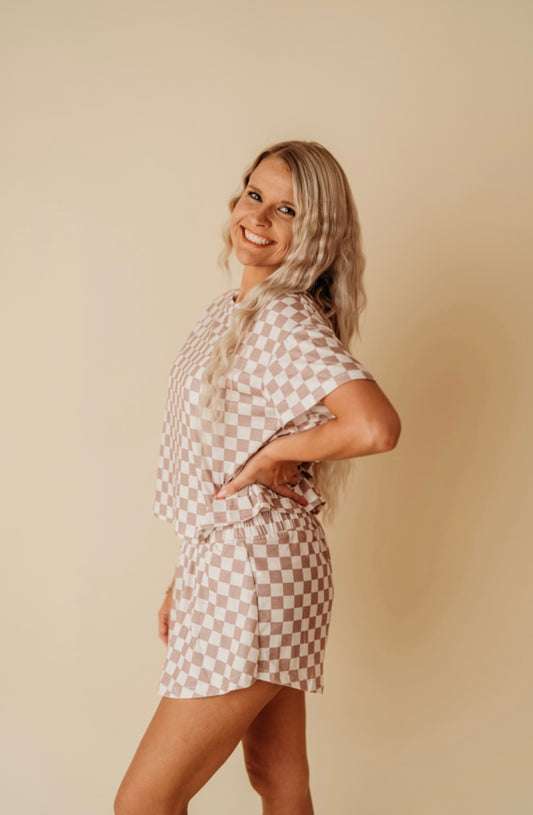 brown checkered top/skort set