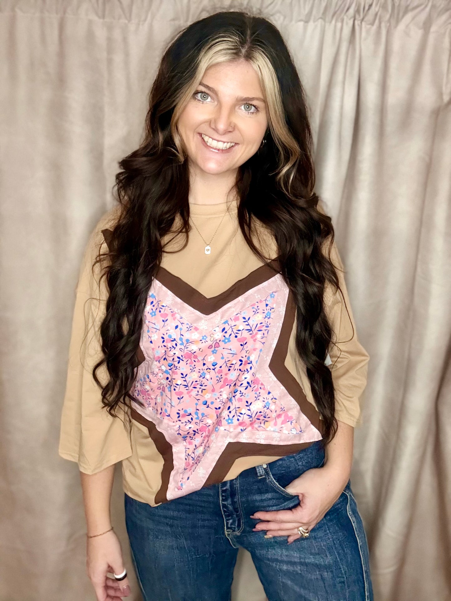 Camel Floral Star Patchwork Top