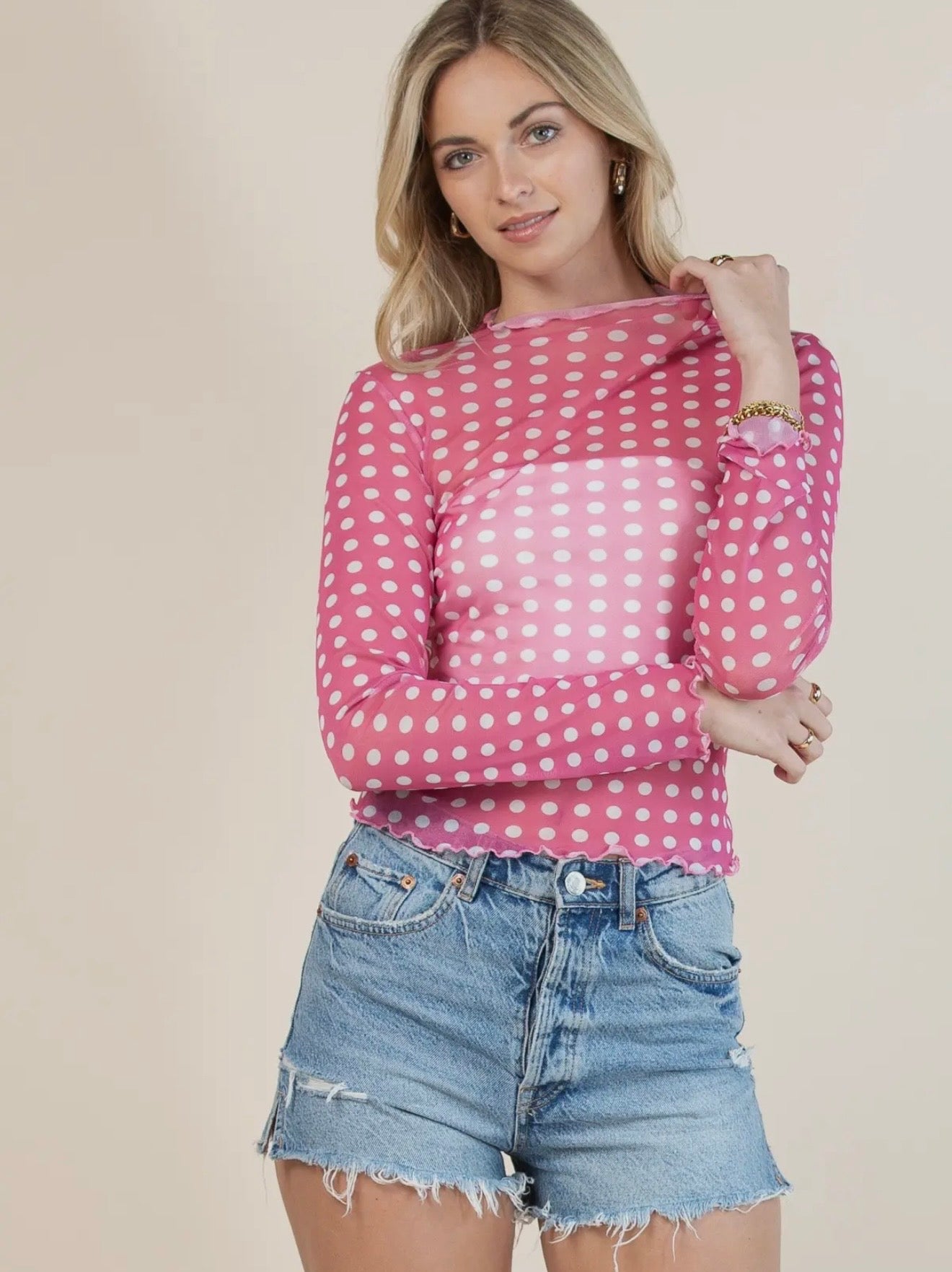 Pink Polka Dot Mesh Top