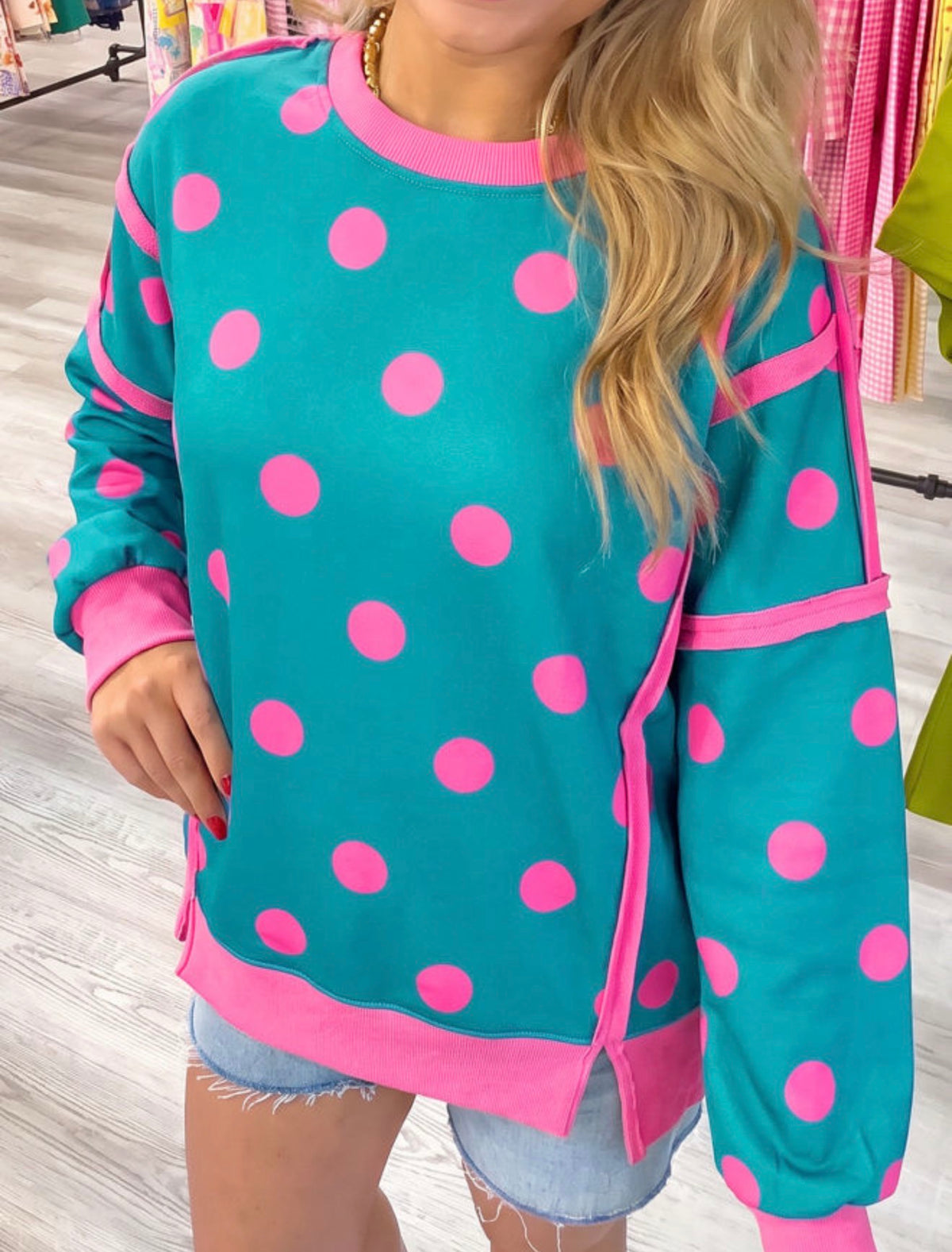 Pink Blue Polka Dot Top