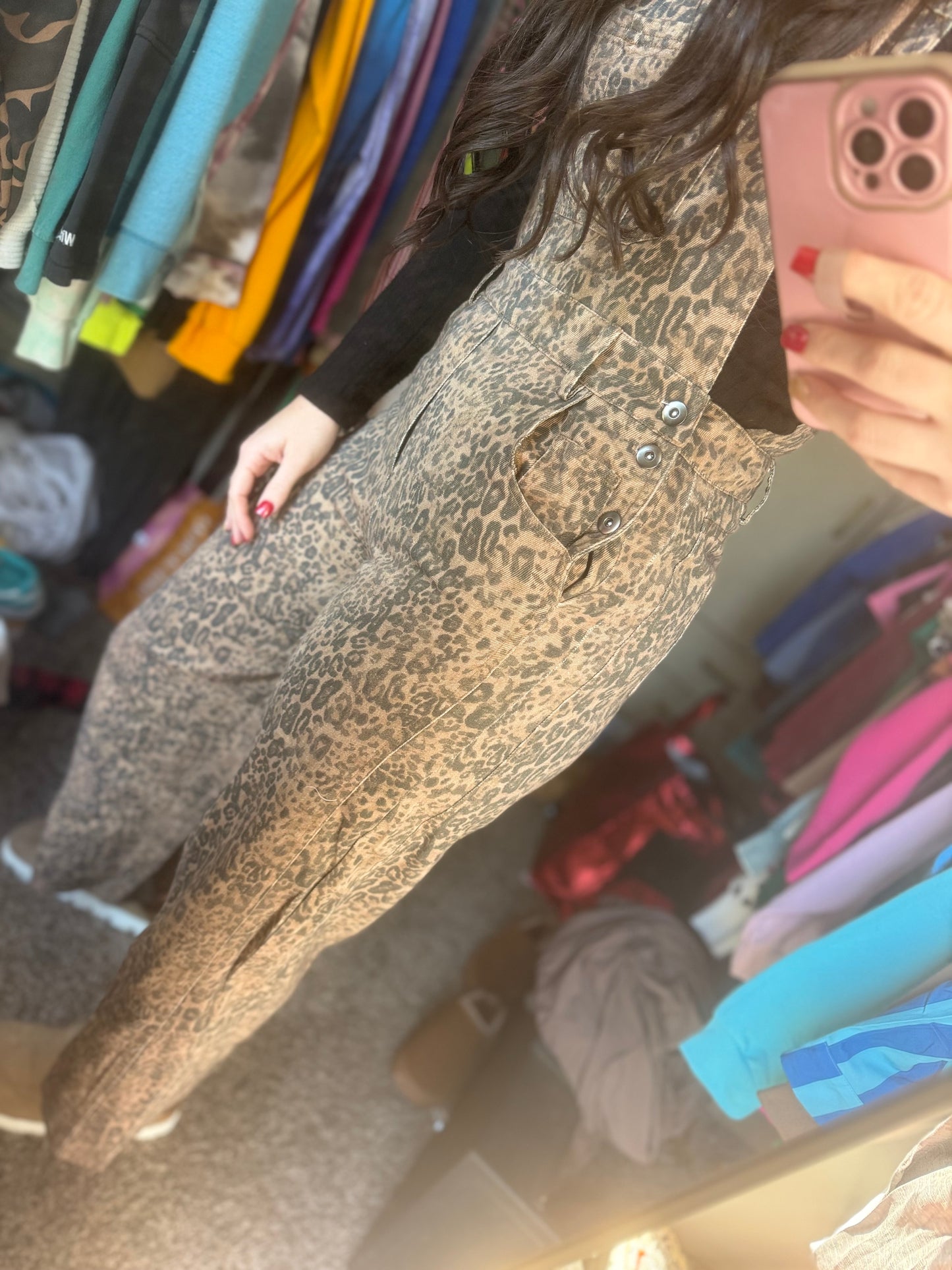 Leopard/Denim Barrel Leg Overalls