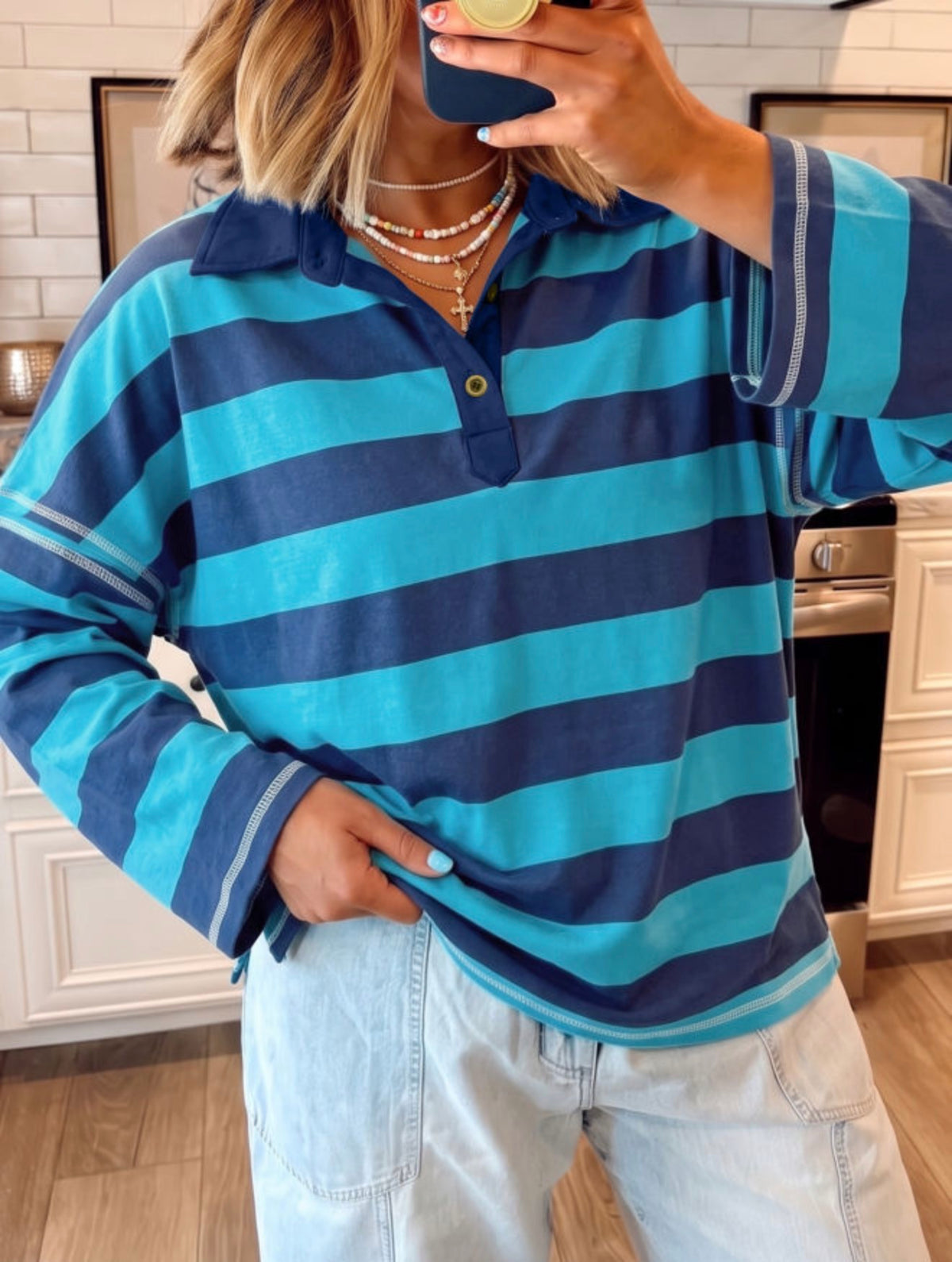 Blue Striped Polo Top