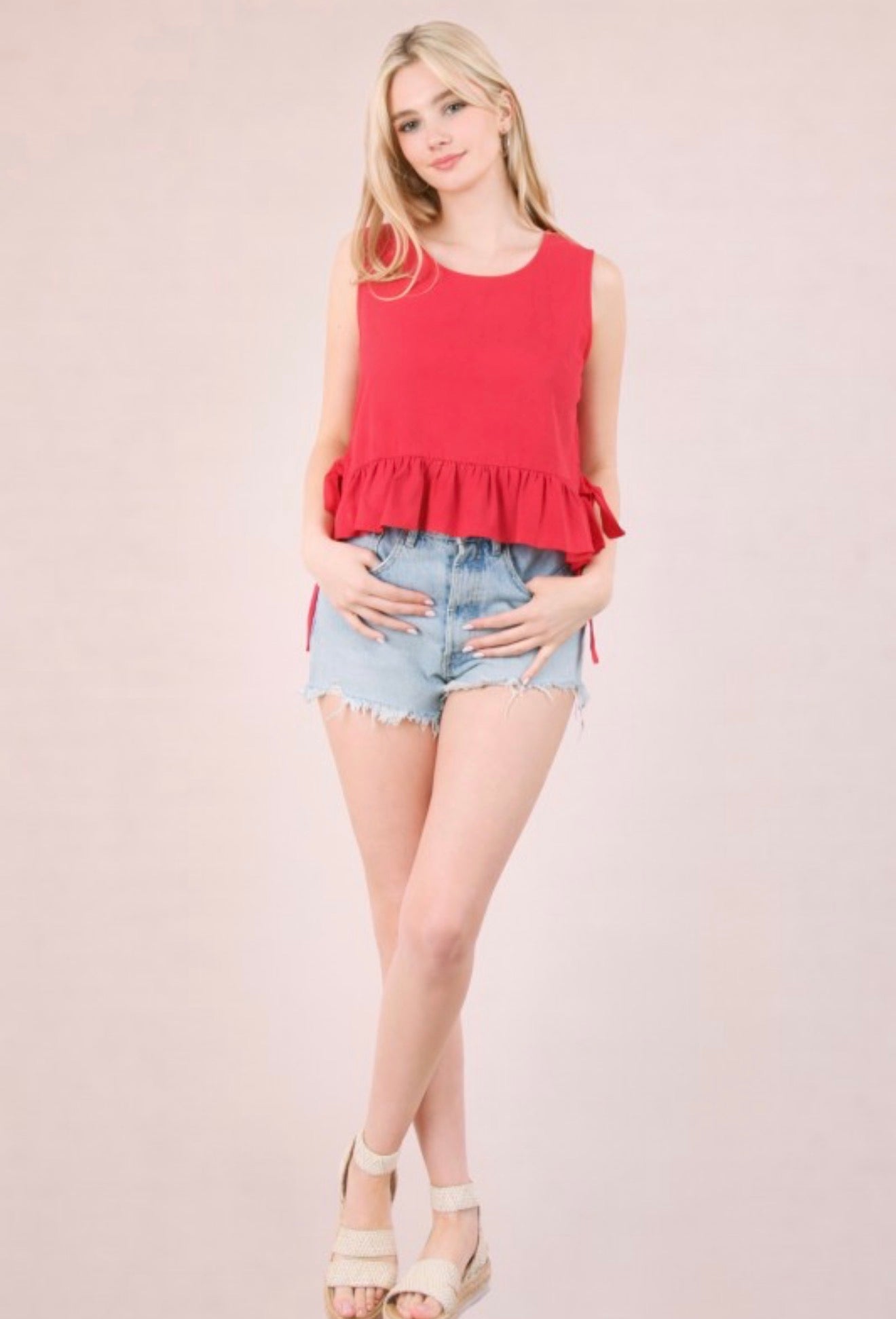 Red Side Tie Ruffled Top