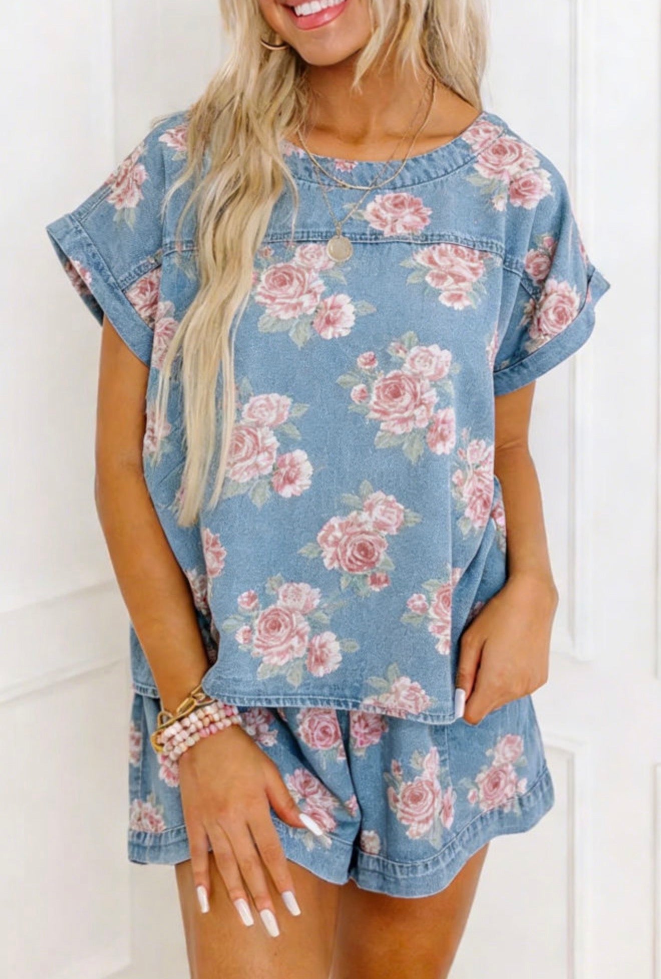 Floral Denim Top/Short Set
