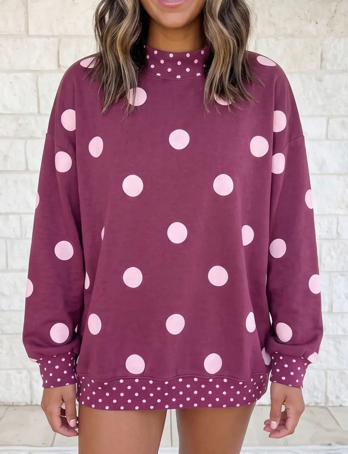 Dark Red Polka Dot Mock Neck