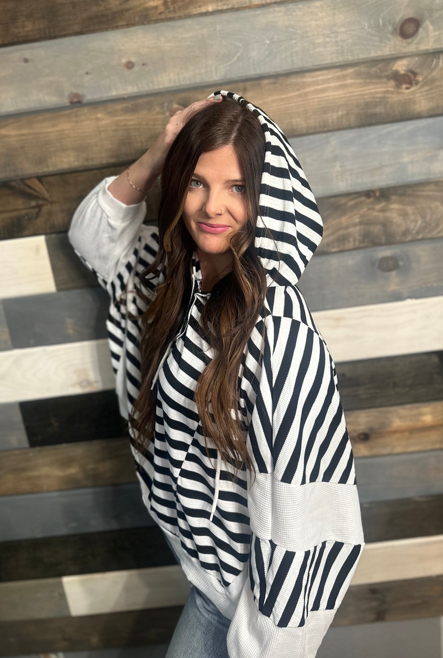 B&W oversized striped hooded top