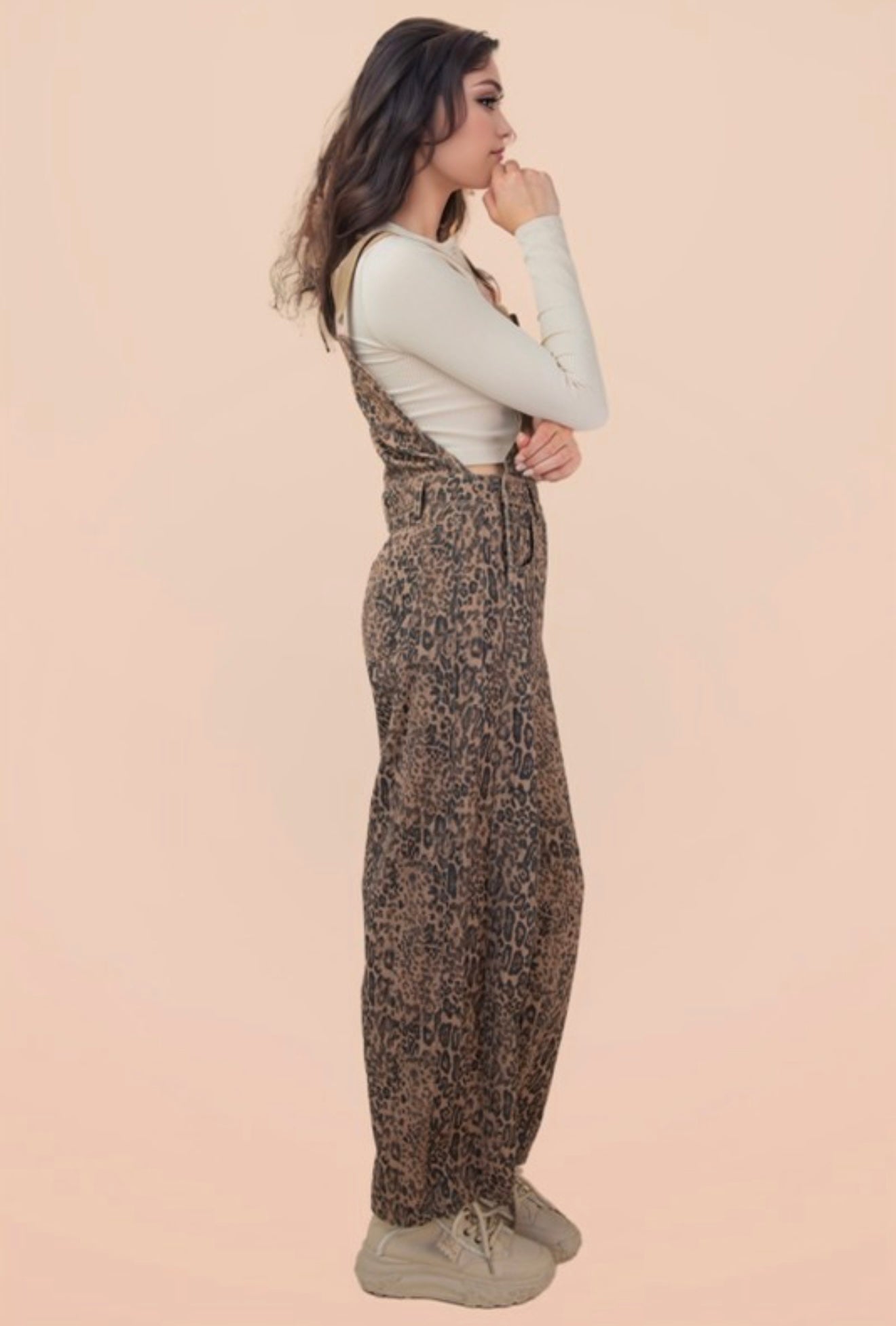 Leopard/Denim Barrel Leg Overalls